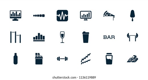 Bar icon. collection of 18 bar filled icons such as bottle, ice cream on stick, chart, wine glass, graph, drink, chocolate, pizza. editable bar icons for web and mobile.