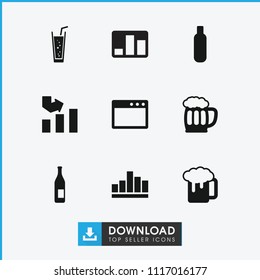 Bar icon. collection of 9 bar filled icons such as bottle, graph, beer mug, soda, browser window. editable bar icons for web and mobile.
