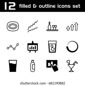 Bar icon. set of 12 bar filled and outline icons such as drink, chart, hand on graph, bottle, soap, cocktail, wine bottle and glass, graph