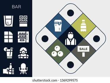 bar icon set. 13 filled bar icons.  Collection Of - Bartender, Oktoberfest, Chair, Drink, Waitress, Chocolate, Vending machine, Tequila, Soda, Beer, Chocolates, Sale
