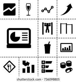 Bar icon. set of 13 filled bar icons such as graph, line chart, wine glass, restaurant, sushi, chart on display, statistic, arrow up