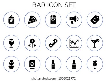 bar icon set. 15 filled bar icons.  Simple modern icons about  - Can, Beer, Pizza, Growth, Chocolate, Level, Promotion, Line chart, Label, Cocktail