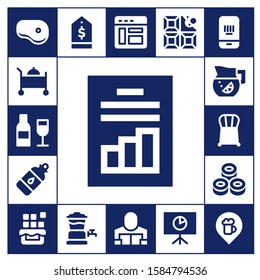 bar icon set. 17 filled bar icons.  Collection Of - Steak, Room service, Wine, Analytics, Bottle, Lemonade, Chair, Sushi, Chocolate, Tag, Beer tap, Browser, Reader, Barcode icons
