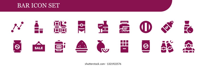 bar icon set. 18 filled bar icons.  Simple modern icons about  - Stats, Vodka, Chocolate, Beer, Wine bottle, Bottle, Soda, Juice, Can, Sale, Slot machine, Powder, Lemons, Beers