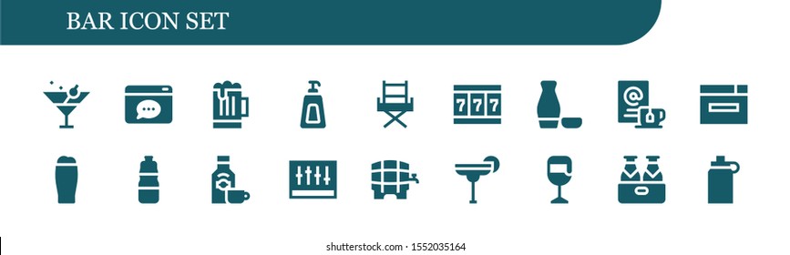 bar icon set. 18 filled bar icons.  Collection Of - Martini, Browser, Beer, Soap, Chair, Slot machine, Sake, Wait, Bottle, Rum, Levels, Cocktail, Isotonic icons