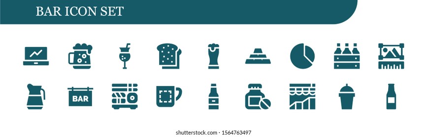 bar icon set. 18 filled bar icons.  Simple modern icons about  - Analytics, Dark beer, Cocktail, Toast, Beer, Ingots, Chart, Beer box, Graphic, Bar, Sushi, Mug, Bottle, Drink