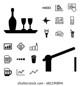 Bar icon. set of 20 bar filled and outline icons such as drink, bar code scanner, music equalizer, barrier, wine bottle and glass, beer mug, graph, line graph, restaurant