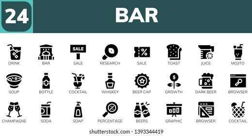 bar icon set. 24 filled bar icons.  Simple modern icons about  - Drink, Bar, Sale, Research, Toast, Juice, Mojito, Soup, Bottle, Cocktail, Whiskey, Beer cap, Growth, Dark beer