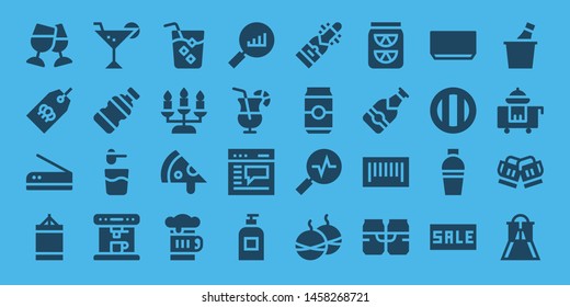 bar icon set. 32 filled bar icons. on blue background style Collection Of - Toast, Tag, Scan, Punching ball, Cocktail, Bottle, Powder, Coffee machine, Drink, Candlestick, Pizza