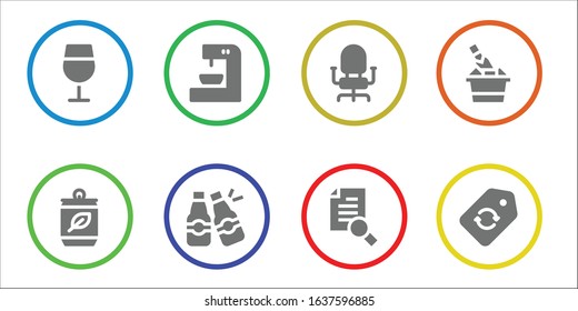 bar icon set. 8 filled bar icons.  Simple modern icons such as: Wine glass, Can, Coffee machine, Beers, Chair, Research, Champagne, Label