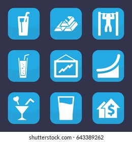 Bar icon. set of 9 filled bar icons such as graph, soda, cocktail, drink, chart