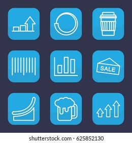 Bar icon. set of 9 outline bar icons such as drink, bar code, graph, beer mug, chart, loading