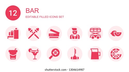 bar icon set. Collection of 12 filled bar icons included Scanner, Toothpick, Croupier, Loader, Beverage, Cocktail, Search engine, Bottle opener, Lemonade, Lemon, Pizza