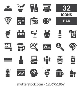 bar icon set. Collection of 32 filled bar icons included Wine, Beer, Juice, Chart, Analytics, Bottle, Energy drink, Beer can, Beer tap, Chocolate, Chocolate bar, Pizza, Research