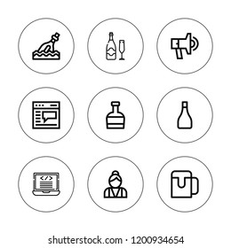Bar icon set. collection of 9 outline bar icons with bartender, bottle, champagne, coding, beer, browser, promotion icons. editable icons.