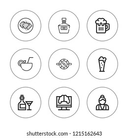 Bar icon set. collection of 9 outline bar icons with bartender, brandy, beer, cocktail, chocolate, loading icons. editable icons.