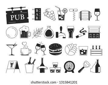 Bar icon set. Collection of alcohol symbol. Beer and champagne bottle, cocktail with lime. Isolated flat vector illustration