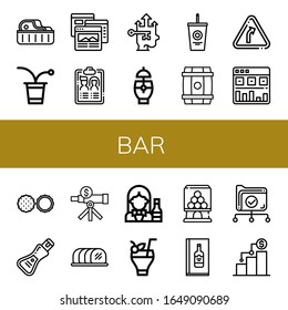 conjunto de iconos de barra. Colección de filetes, pong de cerveza, navegador, lista de invitados, Growth, Cocktail, Soda, Barrel, Curva, Analítica, Chocolate, Jabón, Análisis, Tenderloin, Bartender, Iconos de las máquinas de golosinas
