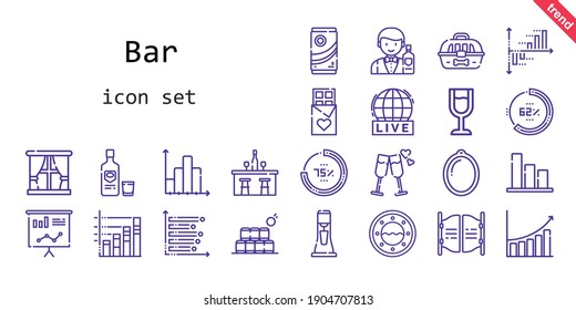 bar icon set. line icon style. bar related icons such as barman, wine glass, bottles, milkshake, cage, bar, vodka, percentage, bar chart, window, cheers, live, statistics, chocolate