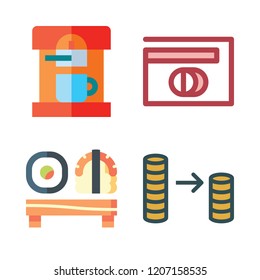 bar icon set. vector set about coffee maker, coin stack, sushi and diners club icons set.