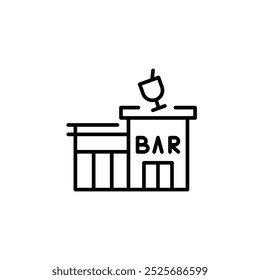 Ícone de barra. Simples arte de linha de um edifício de bar com um copo no topo, representando um estabelecimento de bebidas. Perfeito para projetos de vida noturna, entretenimento e restaurantes. Ilustração vetorial