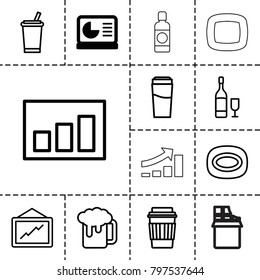 Bar icons. set of 13 editable outline bar icons such as chart on display, drink, soap, graph, beer mug, wine glass and bottle, bottle