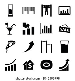 Bar icons. set of 16 editable filled bar icons such as soap, graph, pizza, dolar growth, bar   tightening, cocktail, sale, drink, arrow up