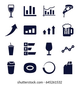 Bar icons set. set of 16 bar filled icons such as cocktail, soap, pizza, drink, line graph, chart, wine glass, graph, beer, statistic, arrow up, chocolate