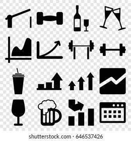 Bar icons set. set of 16 bar filled icons such as cocktail, graph, drink, line chart, wine glass, beer mug, barrier, wine glass and bottle, barbell