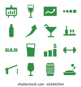 Bar icons set. set of 16 bar filled icons such as bottle, cocktail, bar, soap, drink, barrier, wine bottle and glass, wine glass, chart, arrow up, money chart, loading
