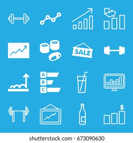 Bar icons set. set of 16 bar filled and outline icons such as line graph, sushi, graph, statistic, sale, chart, barbell, money chart, drink
