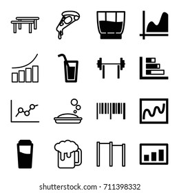 Bar icons set. set of 16 bar filled and outline icons such as drink, graph, cocktail, soap, pizza, beer mug, barcode, chart, barbell