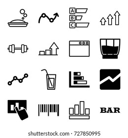 Bar icons set. set of 16 bar filled and outline icons such as bar, line chart, line graph, drink, graph, hand on graph, soap, cocktail, barcode, browser window, barbell