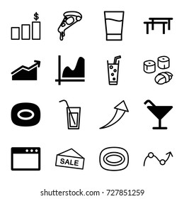 Bar icons set. set of 16 bar filled and outline icons such as cocktail, soap, chart, pizza, soda, drink, sushi, graph, cocktail, arrow up, money chart, browser window