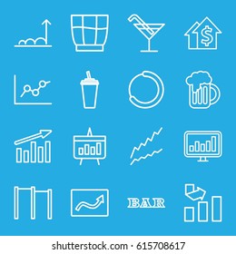 Bar icons set. set of 16 bar outline icons such as Cocktail, Bar, graph, drink, chart, beer mug, dolar growth