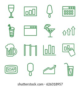 Bar icons set. set of 16 outline icons such as Soap, ice cream on stick, drink, beer mug, wine glass, graph, cocktail, chart, browser window, horizontal bar