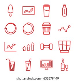 Bar icons set. set of 16 bar outline icons such as bottle, drink, ice cream on stick, chart, wine glass and bottle, graph, cocktail, barbell