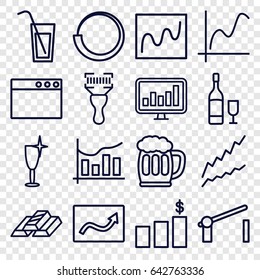 Bar icons set. set of 16 bar outline icons such as clean wine glass, bar code scanner, chart, beer mug, wine glass and bottle, cocktail, graph, money chart, browser window