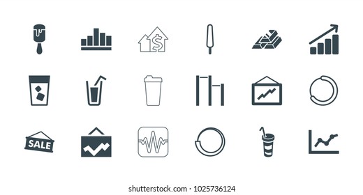 Bar icons. set of 18 editable filled and outline bar icons: graph, drink, chart, sale, ice cream on stick, loading, dolar growth