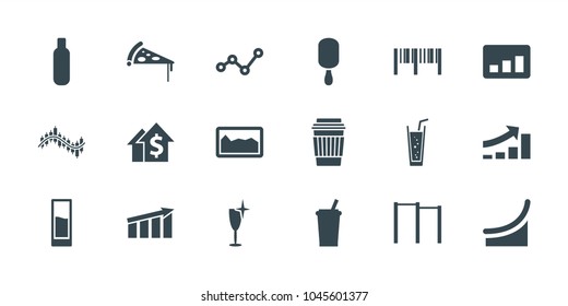 Bar icons. set of 18 editable filled bar icons: bottle, clean wine glass, drink, ice cream on stick, soda, dolar growth, horizontal bar, chart, graph, barcode