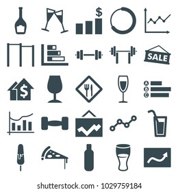 Bar icons. set of 25 editable filled bar icons such as bottle, drink, graph, dolar growth, horizontal bar, chart, sale, loading, line graph, wine glass, restaurant, barbell
