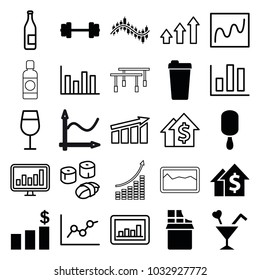 Bar icons. set of 25 editable filled and outline bar icons such as barbell, ice cream on stick, dolar growth, cocktail, money chart, cocktail, bottle, chart, graph, sushi