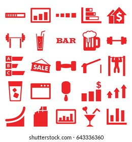 Bar icons set. set of 25 bar filled icons such as bar, ice cream on stick, drink, soda, bar   tightening, graph, cocktail, beer, statistic, sale, chart, money chart, chocolate