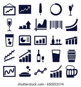 Bar icons set. set of 25 bar filled icons such as soap, clean wine glass, graph, drink, ice cream on stick, bar code, line graph, wine glass, beer mug, chart on display, chart