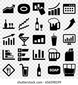 Bar icons set. set of 25 bar filled icons such as soap, soap, graph, beer mug, drink, chart, wine bottle and glass, restaurant, wine glass and bottle, cocktail, statistic