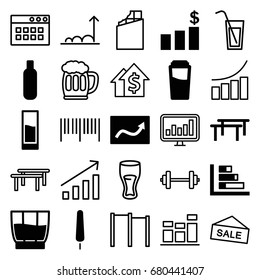 Bar icons set. set of 25 bar filled and outline icons such as bottle, drink, ice cream on stick, chart, money chart, graph, beer mug, cocktail, barcode, chocolate