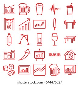 Bar icons set. set of 25 bar outline icons such as bottle, cocktail, bar, drink, ice cream on stick, graph, music equalizer, line chart, chart, wine glass, beer mug, sushi