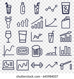 Bar icons set. set of 25 bar outline icons such as bottle, cocktail, soap, drink, soda, bar code scanner, barrier, graph, chart on display, beer, chocolate, chart