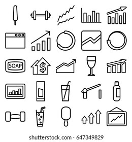 Bar icons set. set of 25 bar outline icons such as bottle, soap, graph, ice cream on stick, soda, line chart, barrier, drink, wine glass, barbell, chart, dolar growth