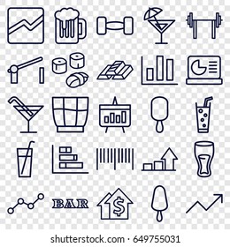 Bar icons set. set of 25 bar outline icons such as cocktail, bar, drink, ice cream on stick, soda, line chart, line graph, barrier, sushi, graph, chart, chart on display